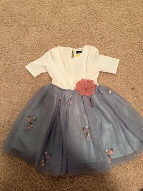 Zunie White Bodice Blue Skirt Dress with Pink Flower Accent